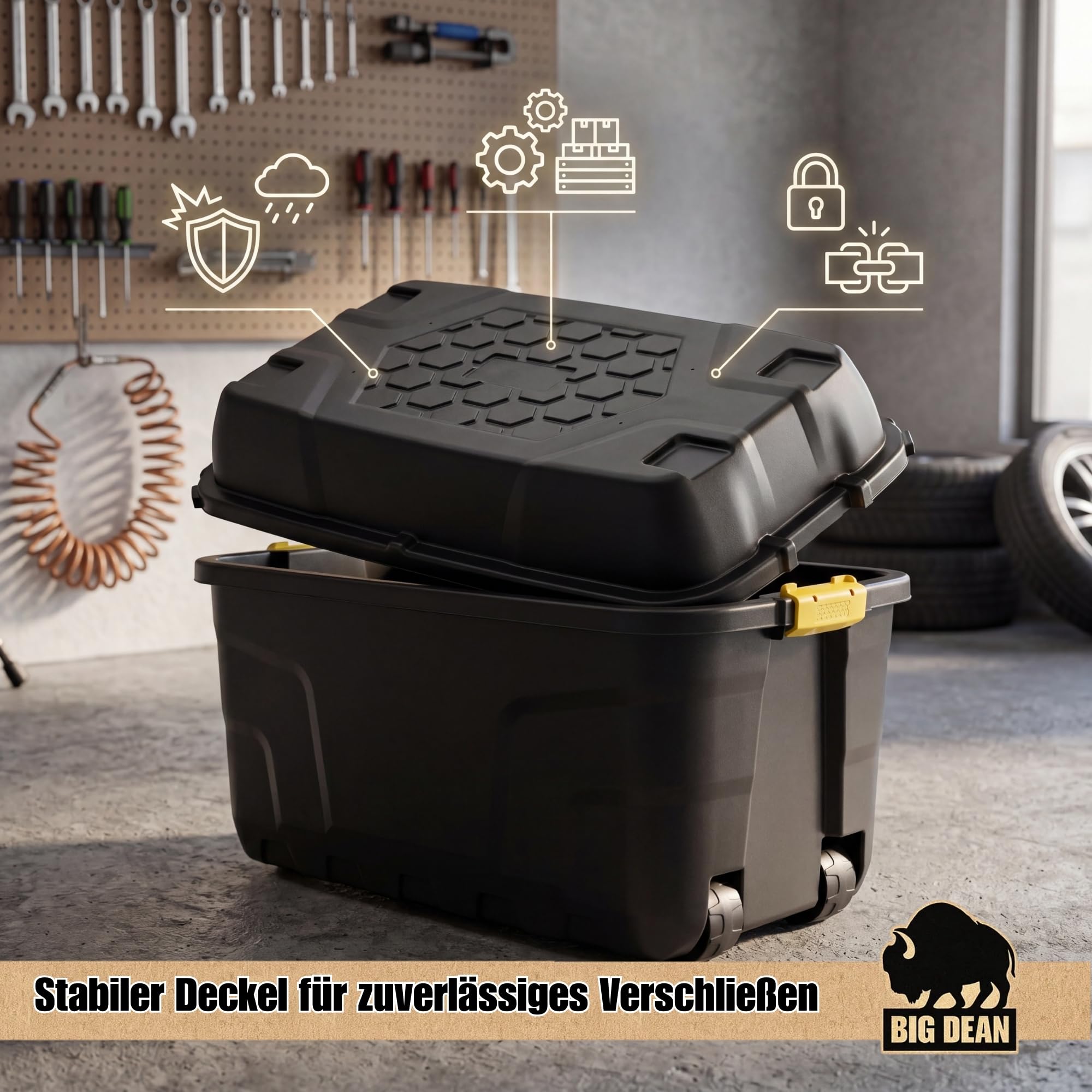 BigDean XXL Transportbox Kissenbox mit Nutzvolumen ca. 175 Liter 93x55x53cm | Aus Kunststoff in Schwarz mit Rollen und Deckel. Abschließbar. Maße BxTxH ca. 93 x 55 x 53 cm