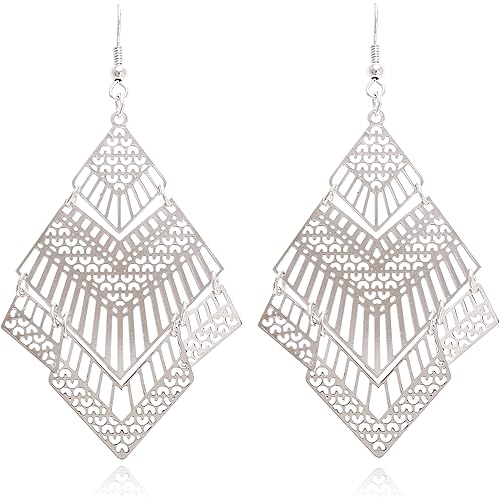 Boho Geometric Filigree Rhombus Shape Tiered Dangle Drop Statement Earrings