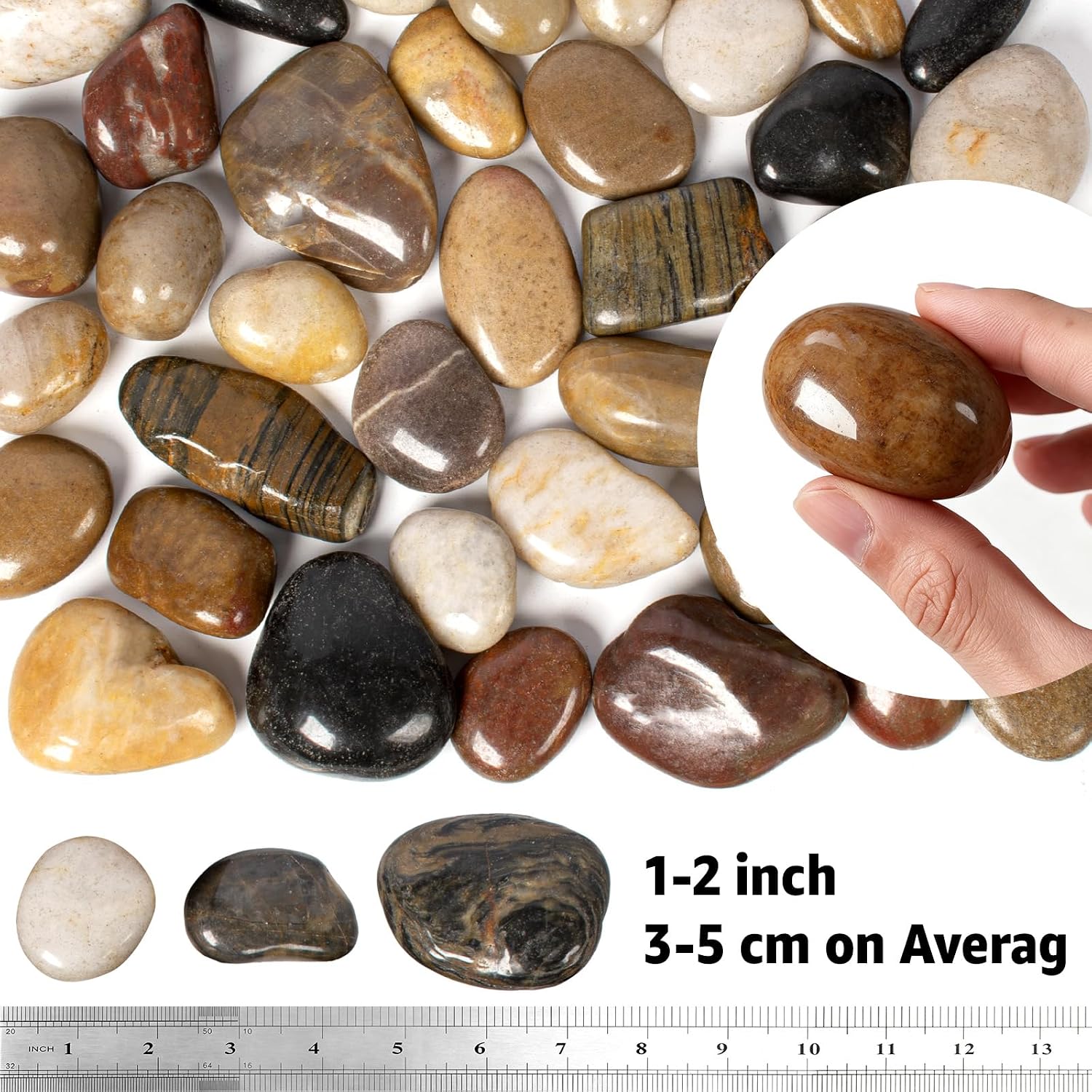 1-2" Polished Pebbles, Medium River Rocks for Potted Plants (5lb, Mixed)