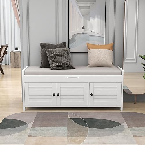 Miniatura 56 de Merax Banco de entrada de WOD sólido de granja con cojín de asiento, gabinetes multifuncionales de almacenamiento de zapatos para pasillo, sala de