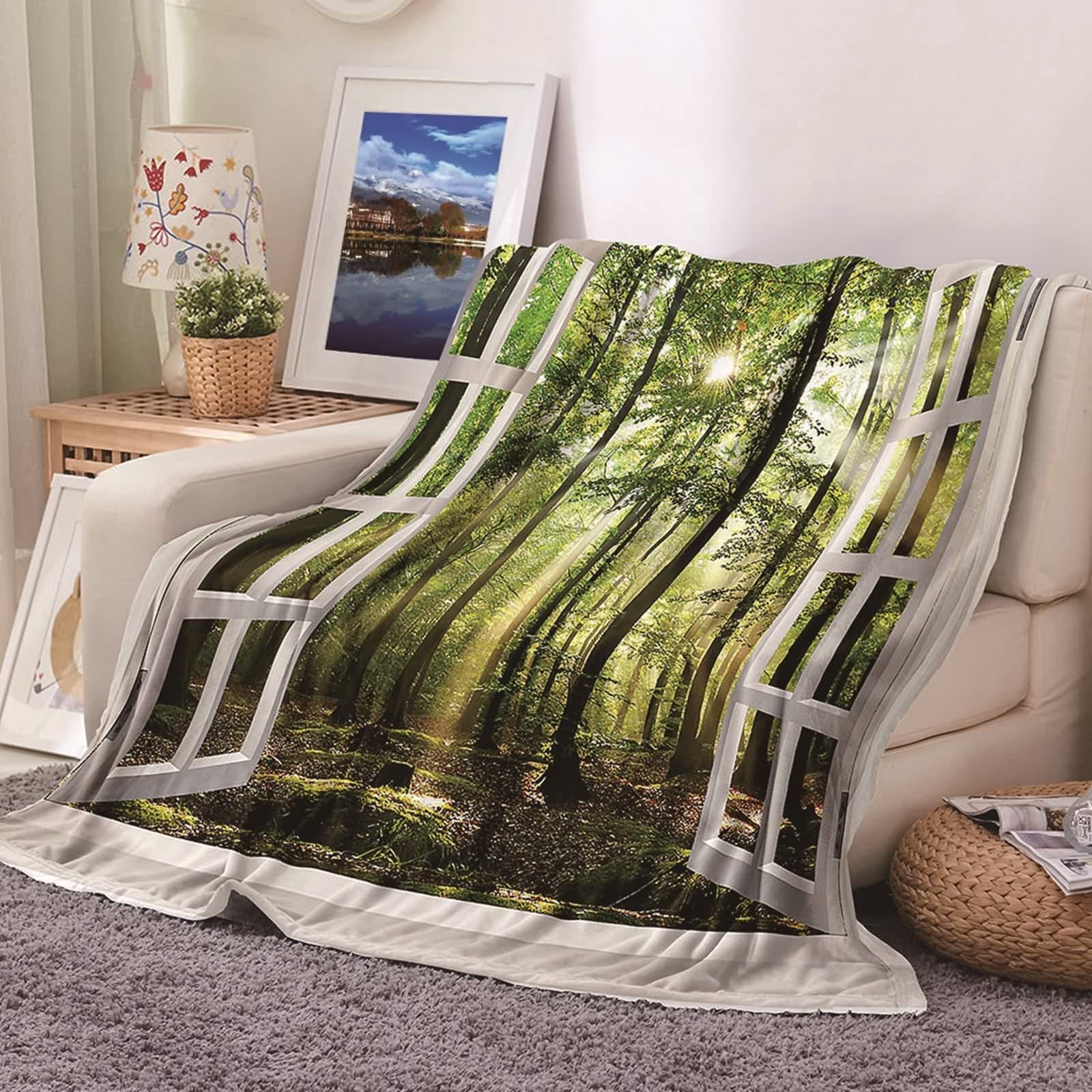 Couverture polaire flannel 100x150cm plaid canapé motif forêt et lit KnSam