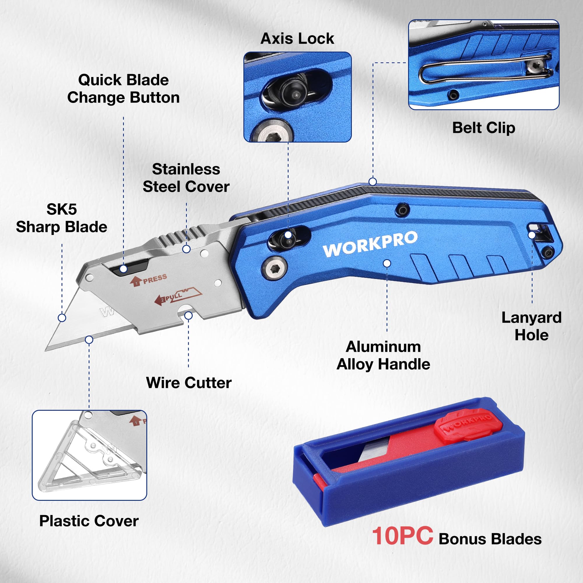 WORKPRO Cutter Utilitaire Pliant Avec Changement Rapide Lame - 10 Lames Incluses - Poignée Antidérapante