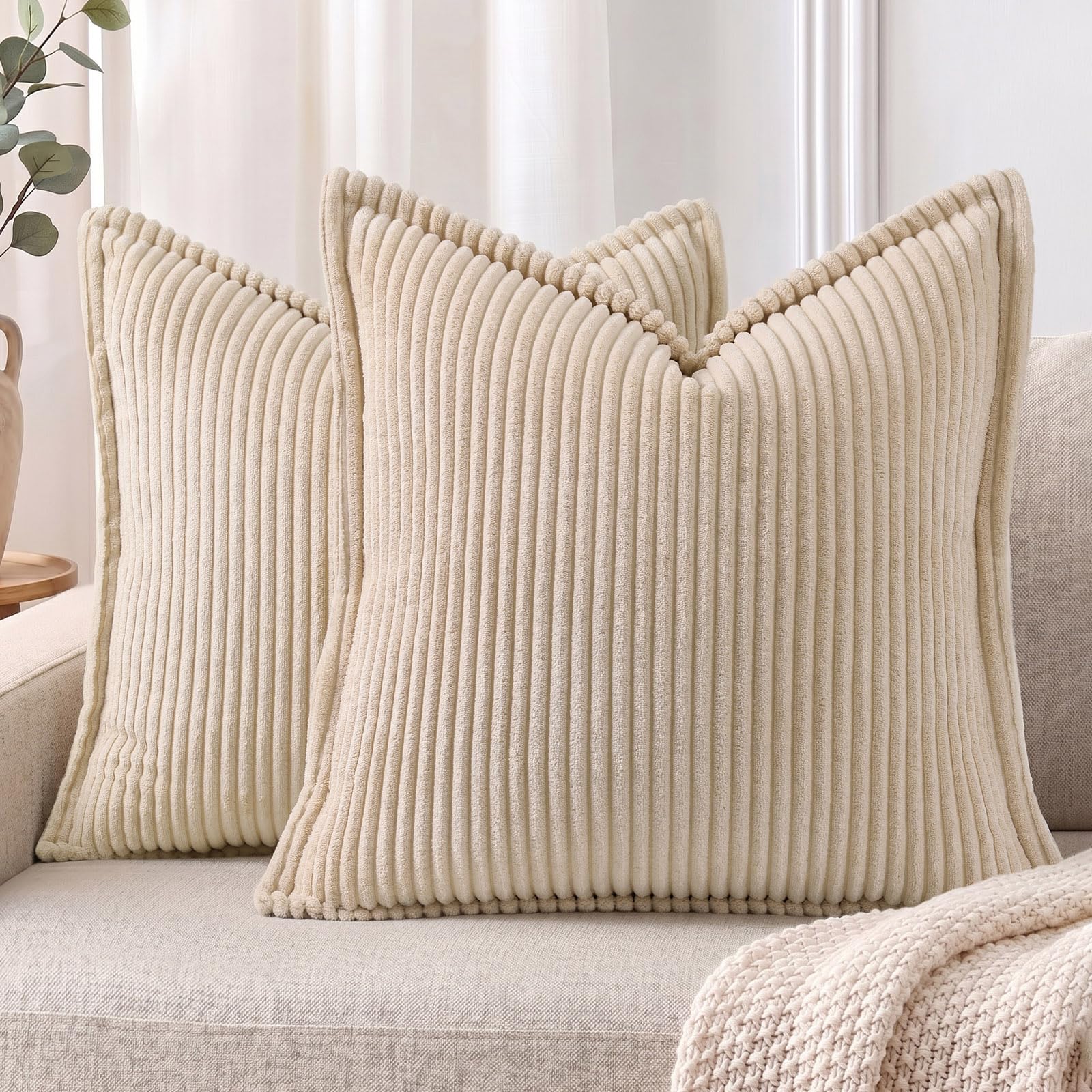 Mecatny Corduroy Fall Decorative Throw Pillow Covers in Beige