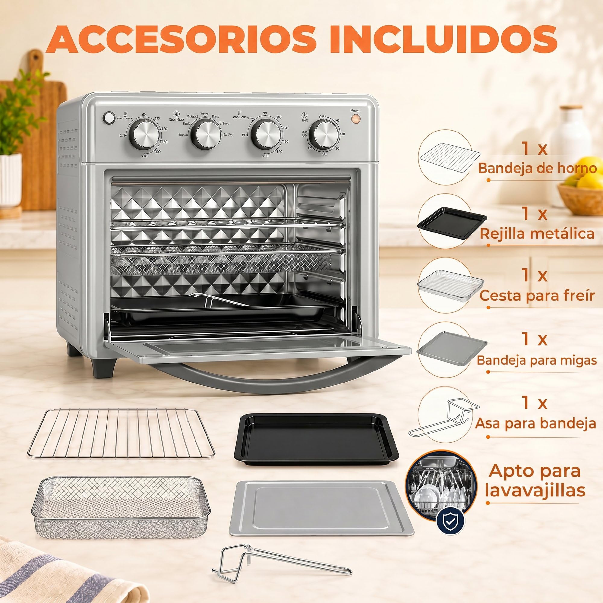 HOMCOM Horno Eléctrico Multifunción de Sobremesa 43x39x39 cm Plata | Mini Horno Tostador, 30L, 1600W, Freidora de Aire, 7 Modos de Calor, Temporizador y Temperatura Regulable