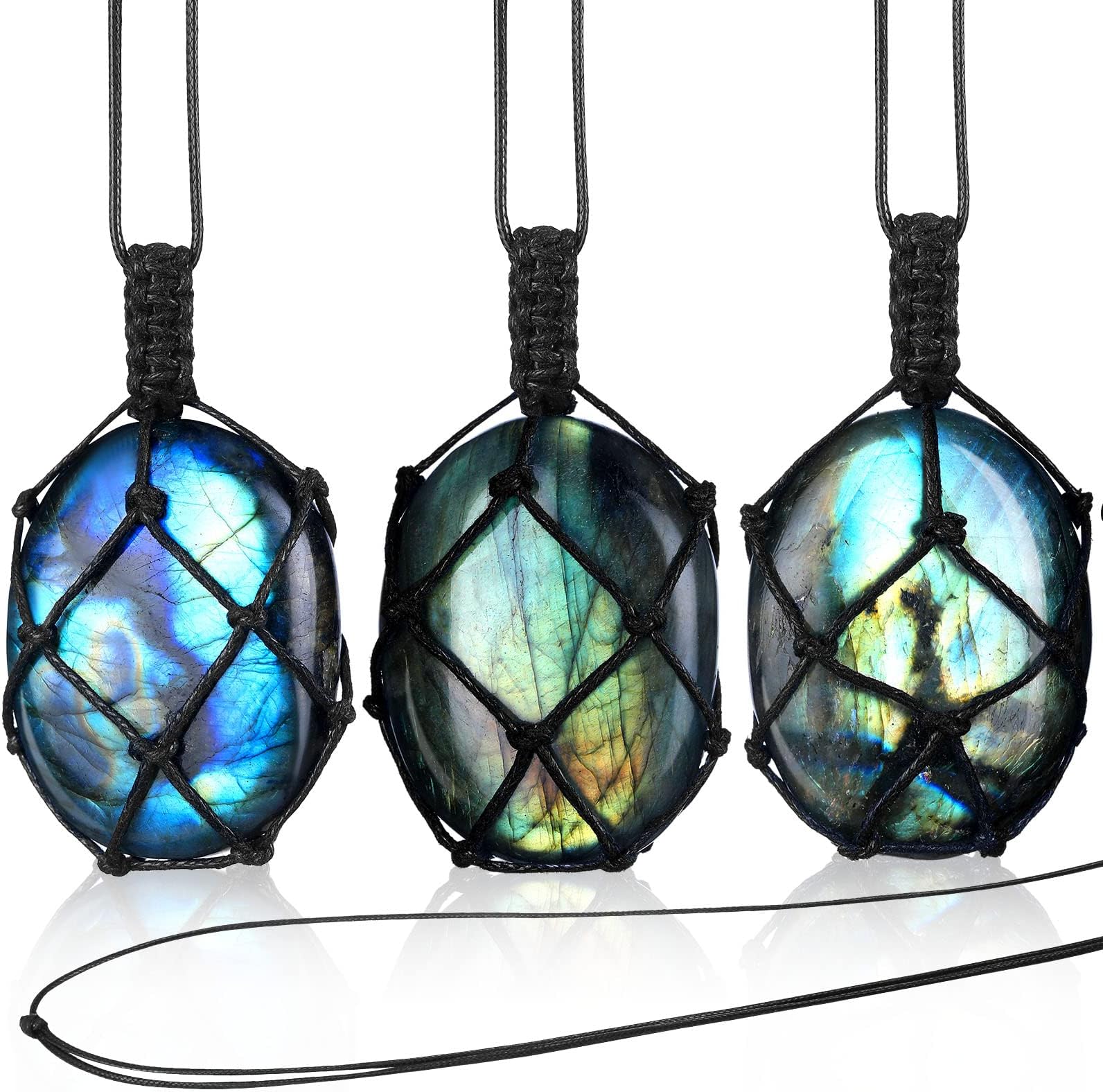 Natural Labradorite Pendant Necklace, Hand-woven Rope Healing Crystal Stone Holder Necklace with Adjustable Length for Women Men