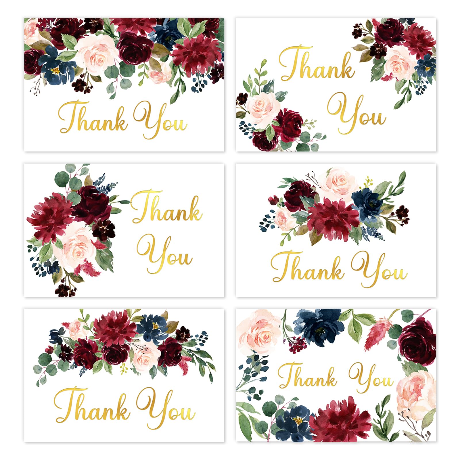 Whaline 36 Pack Floral Thank You Cards Bulk Watercolor Navy Burgundy Flower Greeting Cards with Envelope Sticker Gold Foil Spring Blank Note Card for