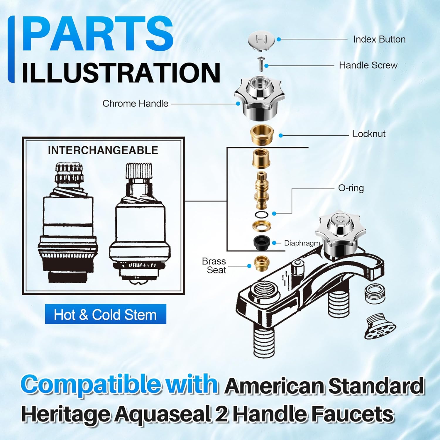 Complete Faucet Rebuild Trim Kit, Compatible with American Standard Heritage Aquaseal 2 Handle Faucets, Hot and Cold Stem Handle Repair Kit, Brass & Chrome
