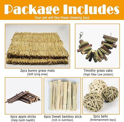 Miniatura 4 de kathson 18 juguetes masticables de conejo para dientes, tapetes de hierba de conejo, cama de conejo tejida de heno natural, palos de madera de