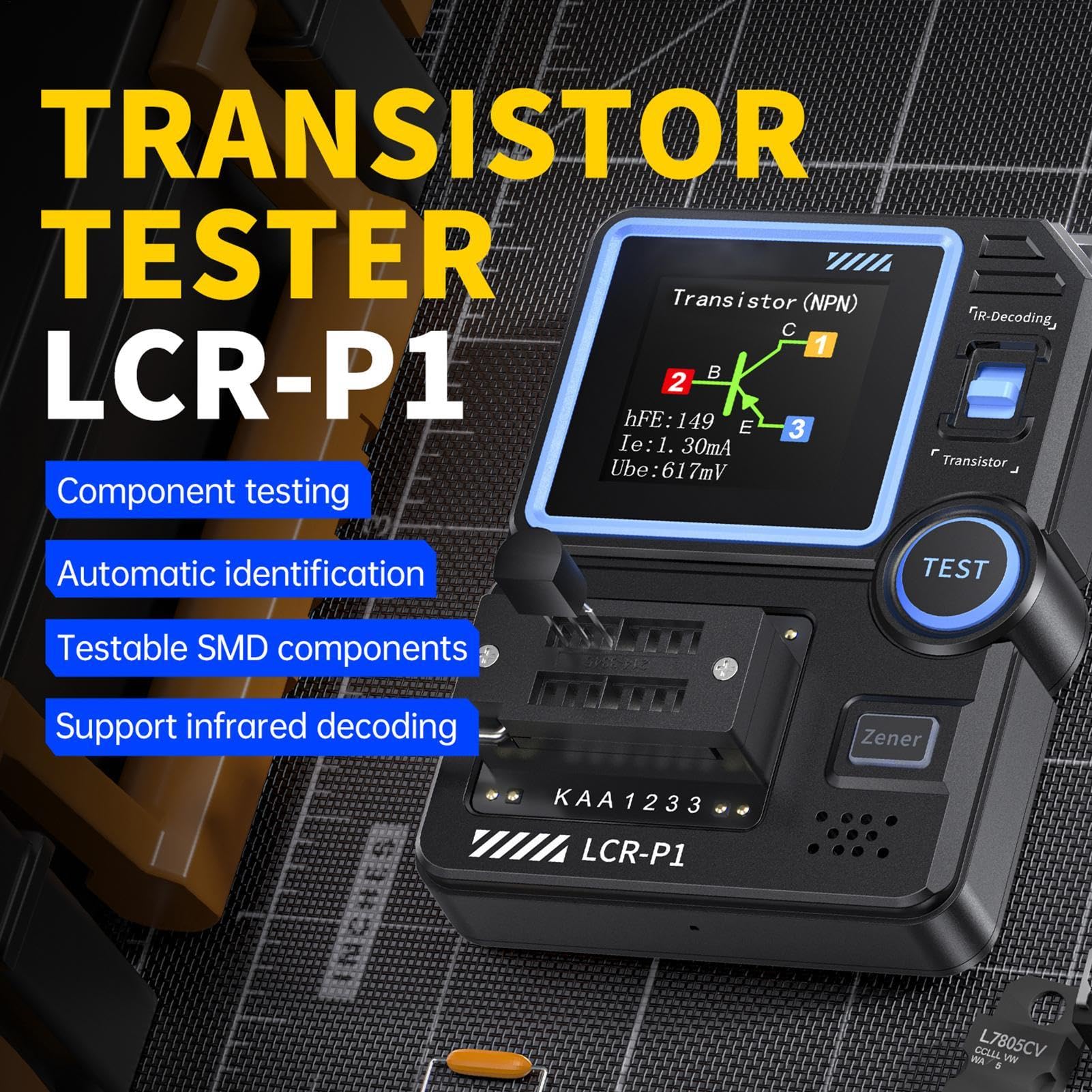 Probador de transistores: analizador de semiconductores versátil, probador de medidas de alta precisión | Identifica componentes electrónicos, evalúa transistores para diseño de circuitos y solución d