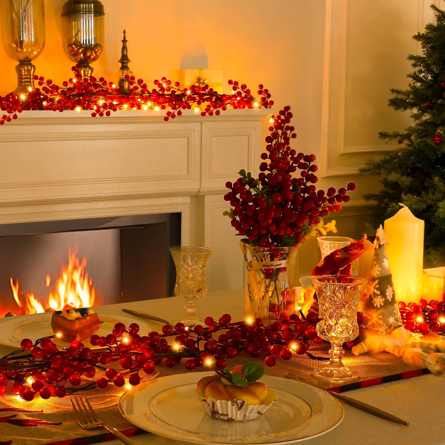 Joyhalo 2 Pack 8.8FT Christmas Red Berry Garland with String Lights, Artifial Burgundy Berry Garland for Christmas Tree, Valentine's Day, Mantle, Fireplace, Window and Outdoor Holiday Decoration