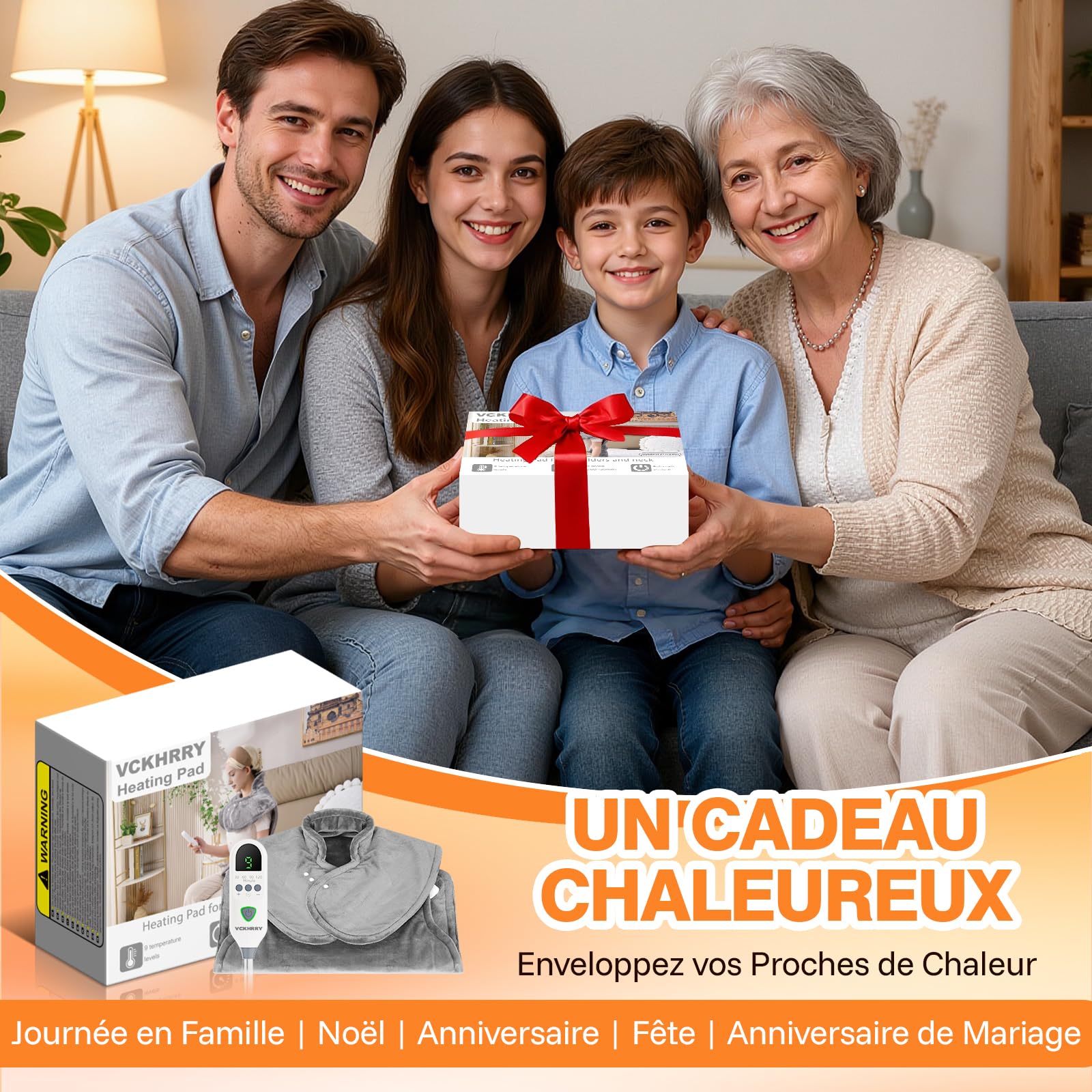 Coussin Chauffant dos Electrique Epaule et Nuque 60×100cm, 9 Niveaux de Chaleur, 4 RéGlages de Minuterie d'arrêt Automatique, Chauffage Rapide, Chauffe-dos, Flanelle, Lavable en Machine