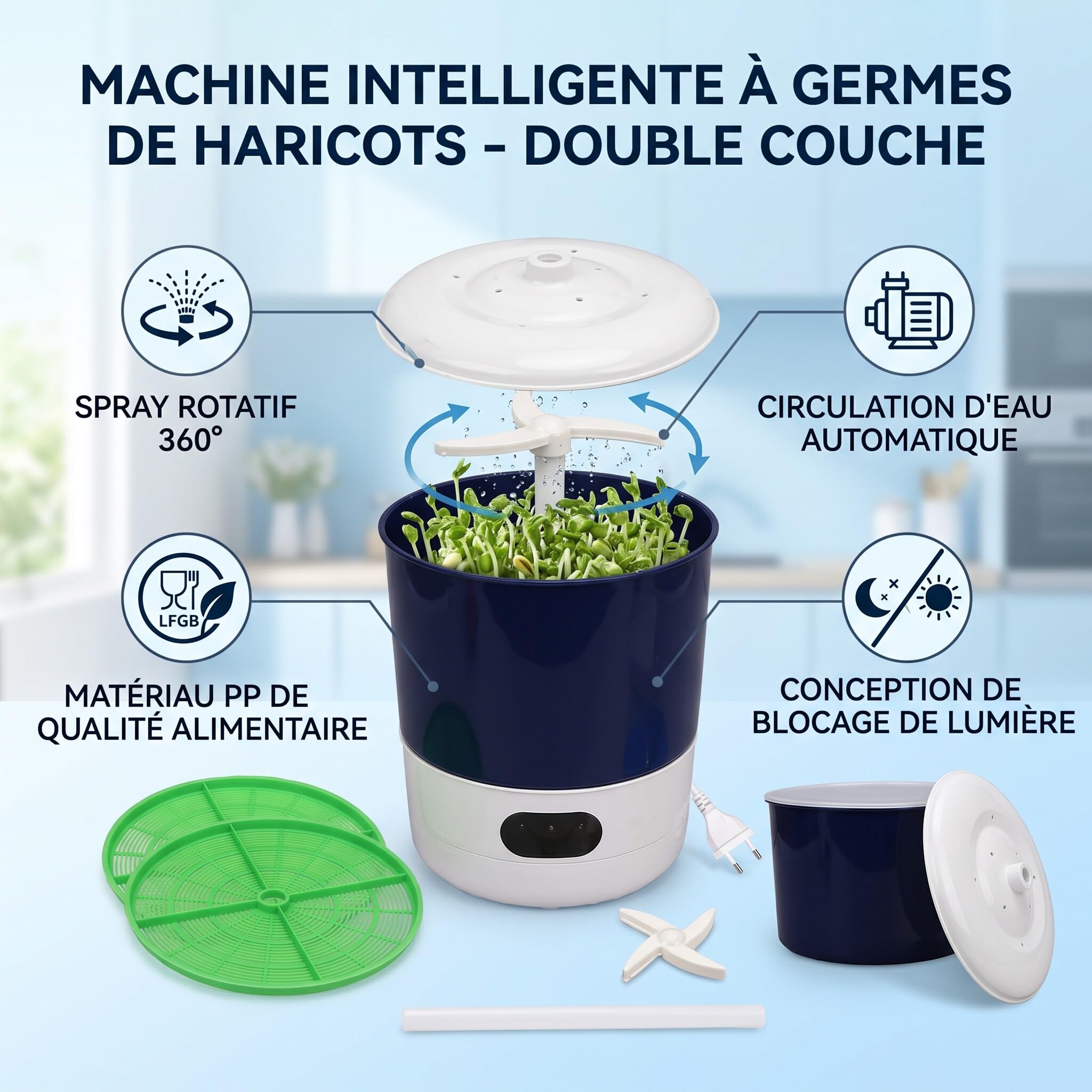 Tnfeeon Kit de Culture de Germes de Soja, Fabricant de Germes Automatique Intelligent 2 Couches Grande capacité PP 20 W Saisons Applicables Printemps, été, Automne, Hiver (Prise UE 220V)