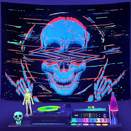 Faxdong Tapiz de calavera con luz negra, tapiz de esqueleto hippie reactivo a los rayos UV, tapiz de roca y rollo para decoración de dormitorio, 36