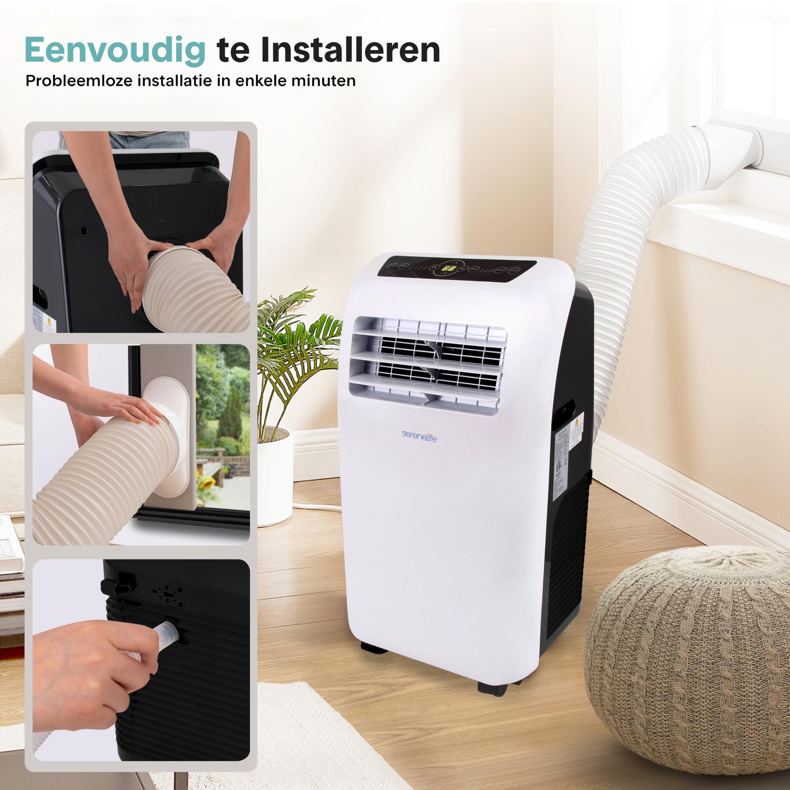 SereneLife Klimaanlage mobil 4-in-1: Luftkühler, Ventilator, Luftentfeuchter + Heizung – Tragbares Klimagerät mit Abluftschlauch, Fernbedienung & Kit für Räume bis 42 m² – Fenster-Montage 9,000 BTU