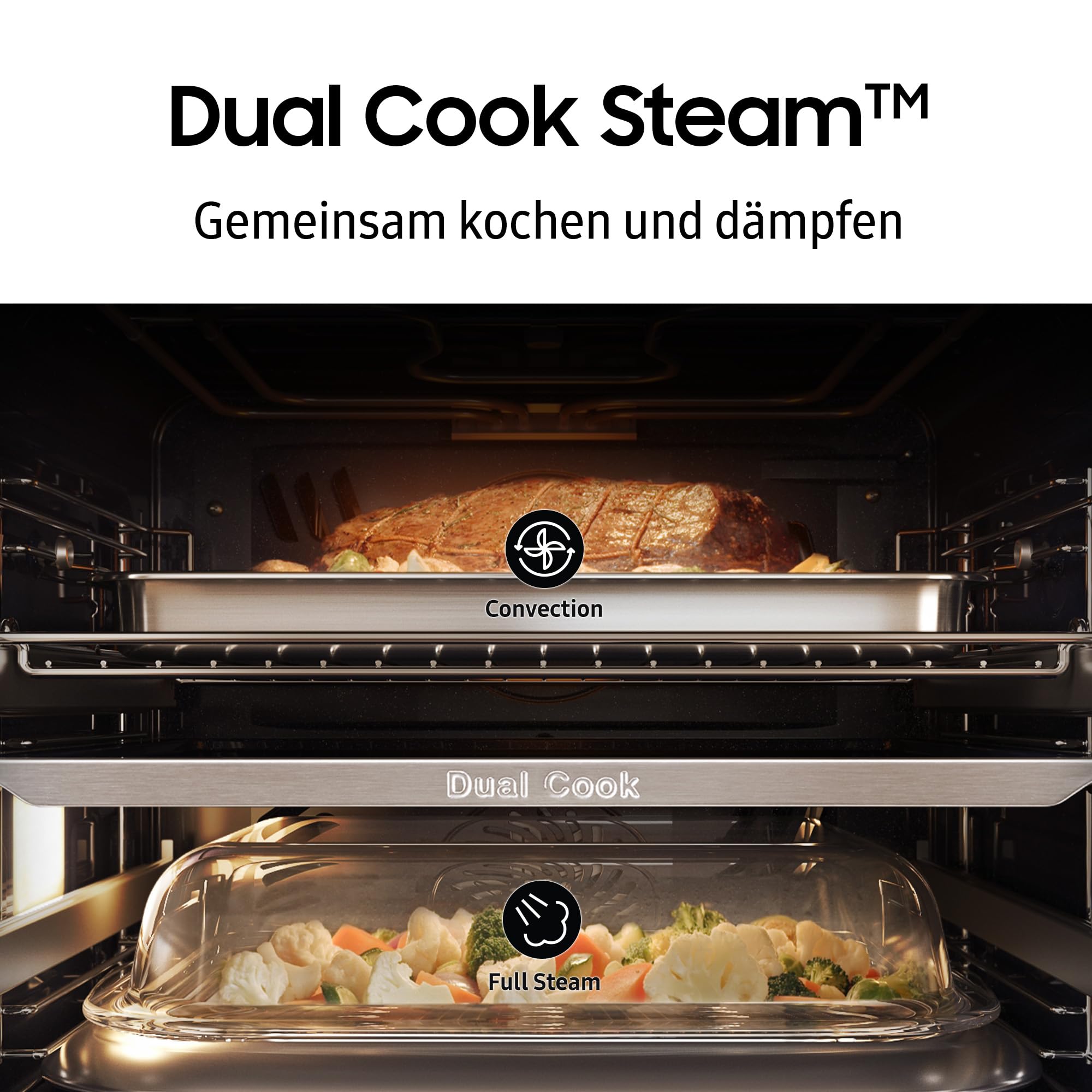 Samsung NV7B7997ADK/U1 Dual Cook Einbaubackofen, Dampfgaren mit 700-ml-Wassertank, 76 l, Pyrolytische Selbstreinigung, Automatische Türöffnung, Kamera, SmartThings Cooking, Air Fry, Schwarzes Glas