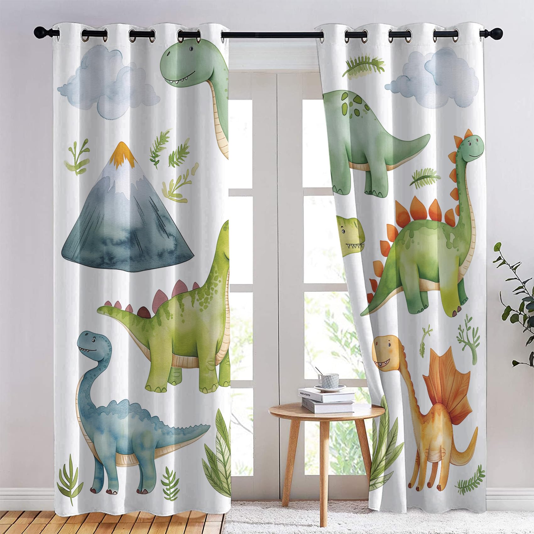 Bunte Dino Vorhang, Dinosaurier Gardinen,2er Set Verdunkelungsvorhang, Cartoon Vorhänge, Wohnzimmer Kinderzimmer Schlafzimmer Thermovorhang Schallschutz Blickdichte vorhänge, 150x166 cm i9&a156
