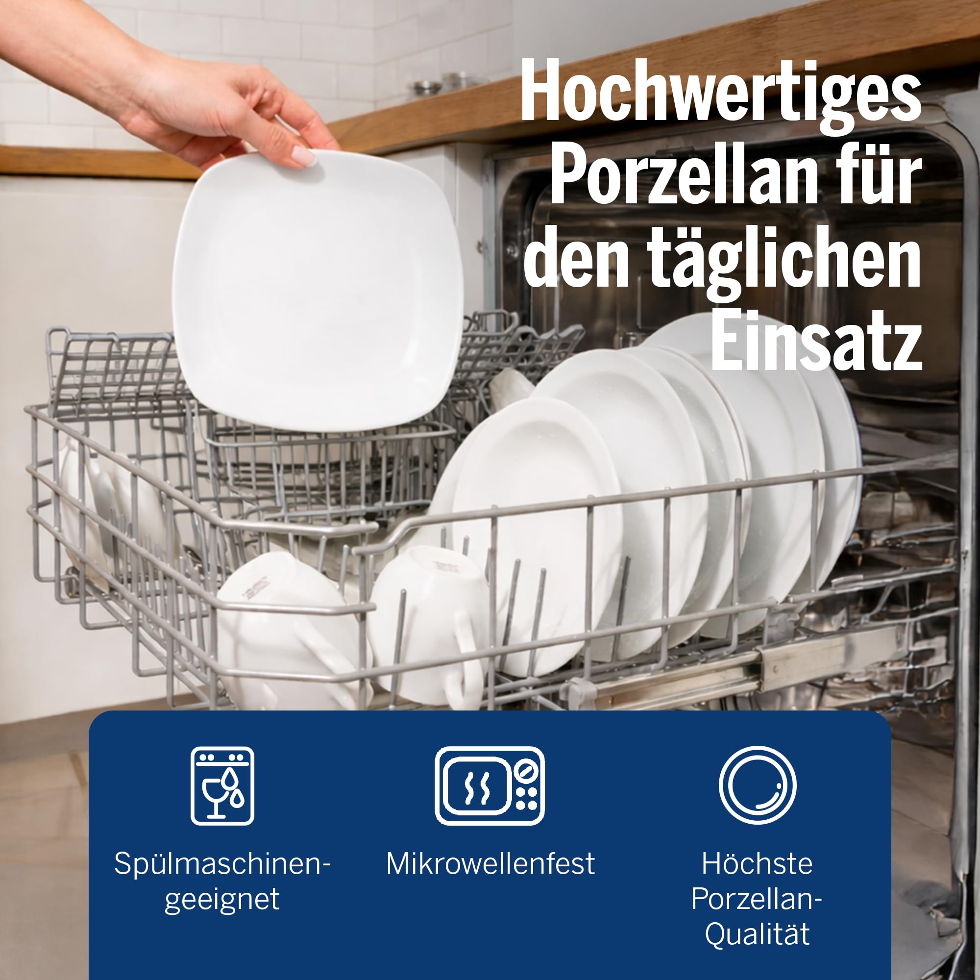 Van Well Lilli Porzellan Geschirrset 36-teilig – Modernes, eckiges Kaffee Geschirr Set in Weiß – Kombiservice für 12 Personen – Tafelservice & Geschirr für Gäste – Mikrowellen- & Spülmaschinengeeignet