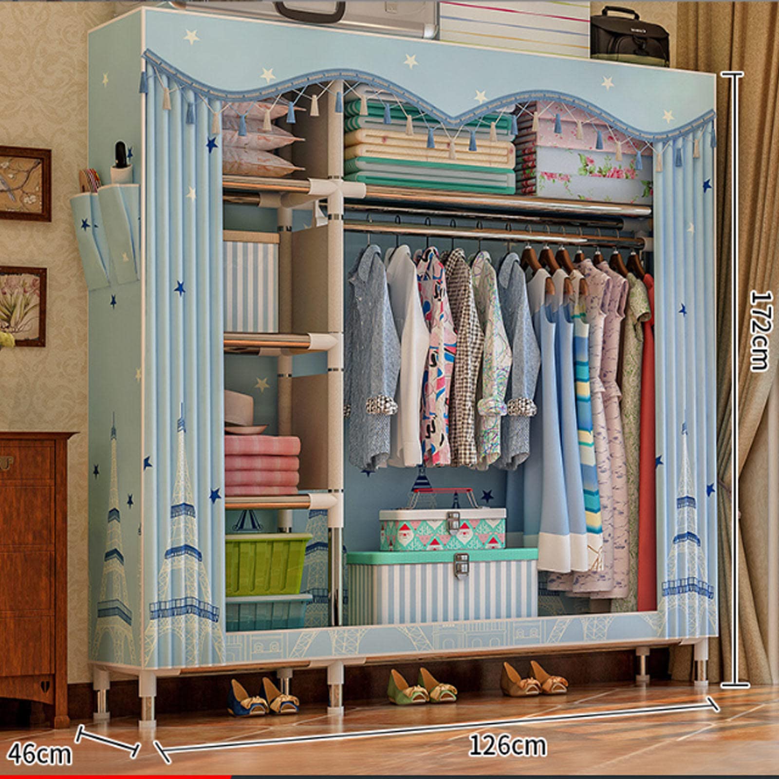 Canvas-Kleiderschrank, tragbare Kleiderschrankregale für Schlafzimmer, faltbarer Kleiderschrank-Aufbewahrungsorganisator mit Kleiderstange und Stoffbezug,B-126x46x172cm