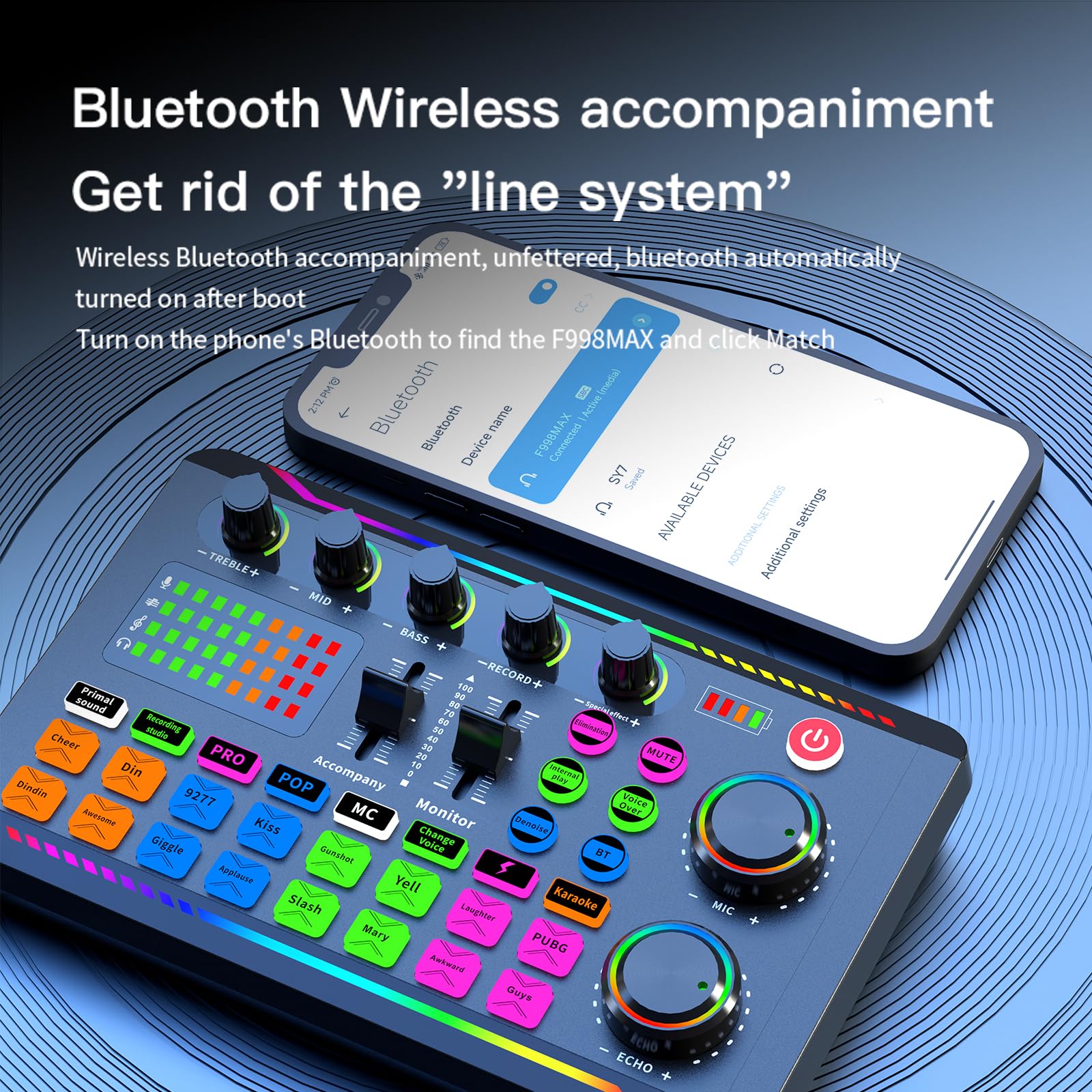 Scheda audio dal vivo, mixer con 16 effetti di cambiamento del suono, DJ in streaming Bluetooth, per registrazione/podcasting/giochi/live streaming