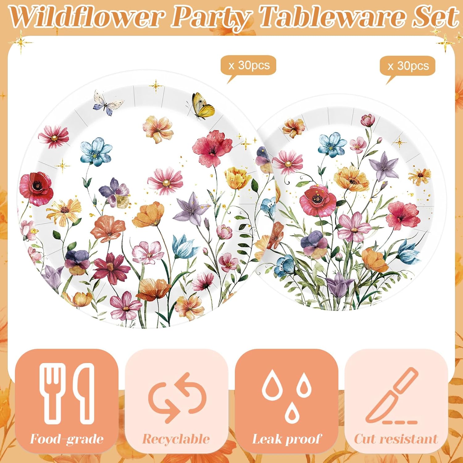 60 Pcs Spring Wildflower Paper Plates 9 in and 7 in Floral Party Decorations Butterfly Plates Wild Floral Disposable Dinner Tableware for Baby Shower Wedding Tea Summer Birthday Supplies - Image 3