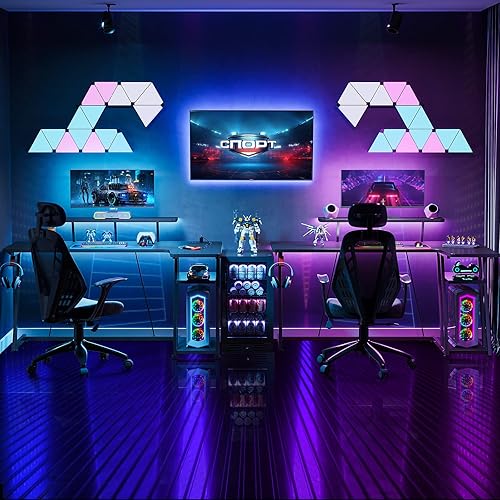Miniatura 8 de MOTPK Escritorio para juegos con luces LED y tomas de corriente, escritorio para computadora de juegos en forma de L de 55 pulgadas con estante de
