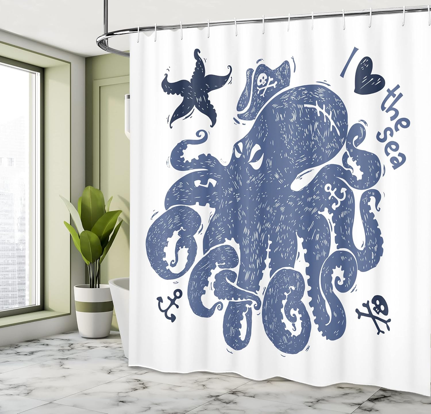 Ambesonne Octopus Shower Curtain, Nautical Theme Image of a Pirate Octopus with Anchors and Starfish Retro, Cloth Fabric Bathroom Decor Set with Hooks, 69" W x 75" L, White Blue
