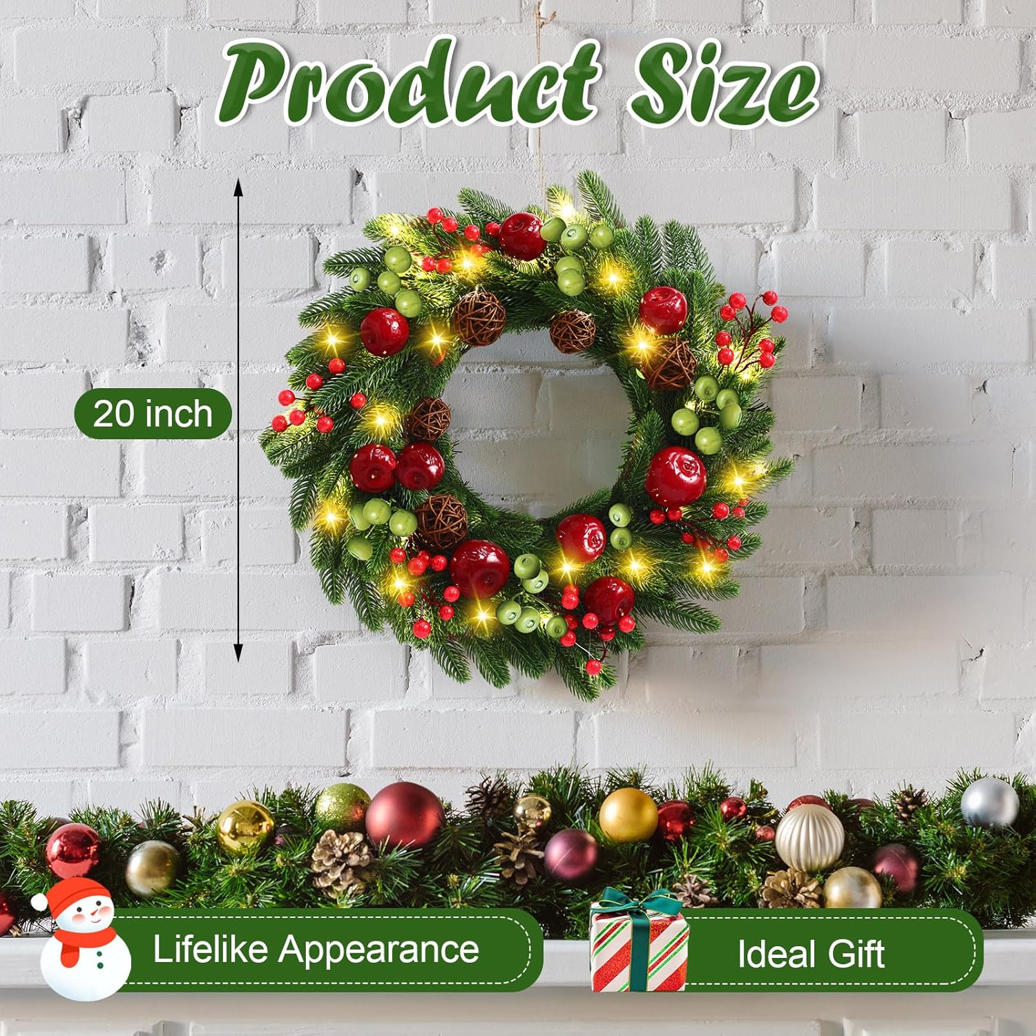 Yunlly 2 Pcs 20 Inch Pre Lit Christmas Wreaths Light up Christmas Norfolk Pine Outdoor Wreaths with Fruit Berries Rattan Balls Pine Needles for Indoor Outdoor Windows Porch Wall Decor