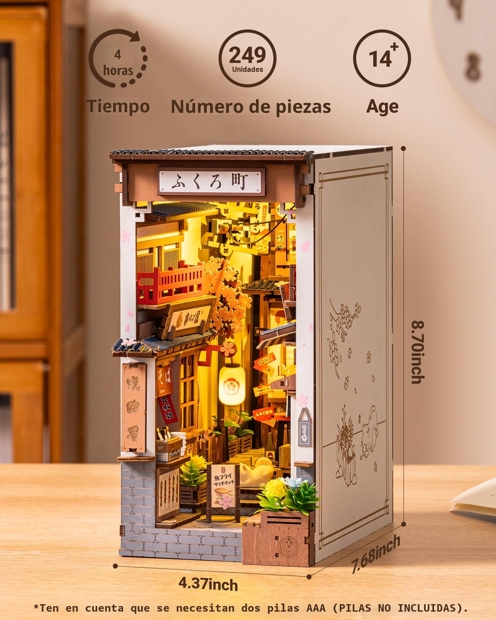ROBOTIME Book Nook Booknook Japan con Luces LED Casas de Muñecas de Madera, Booknok Decoración del Hogar, Nookbook Regalos para Adultos Niños Mujeres(Sakura Wine Alley)