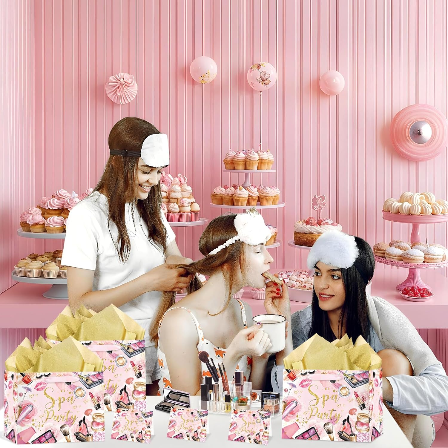 Yomaiha Spa Party Supplies for Women Girls, Pink Spa Party Favors Bag with Tissue Paper and Card Spa Make up Wrapping Paper Goody Bags Makeup Theme Party Decorations Favors - Image 7
