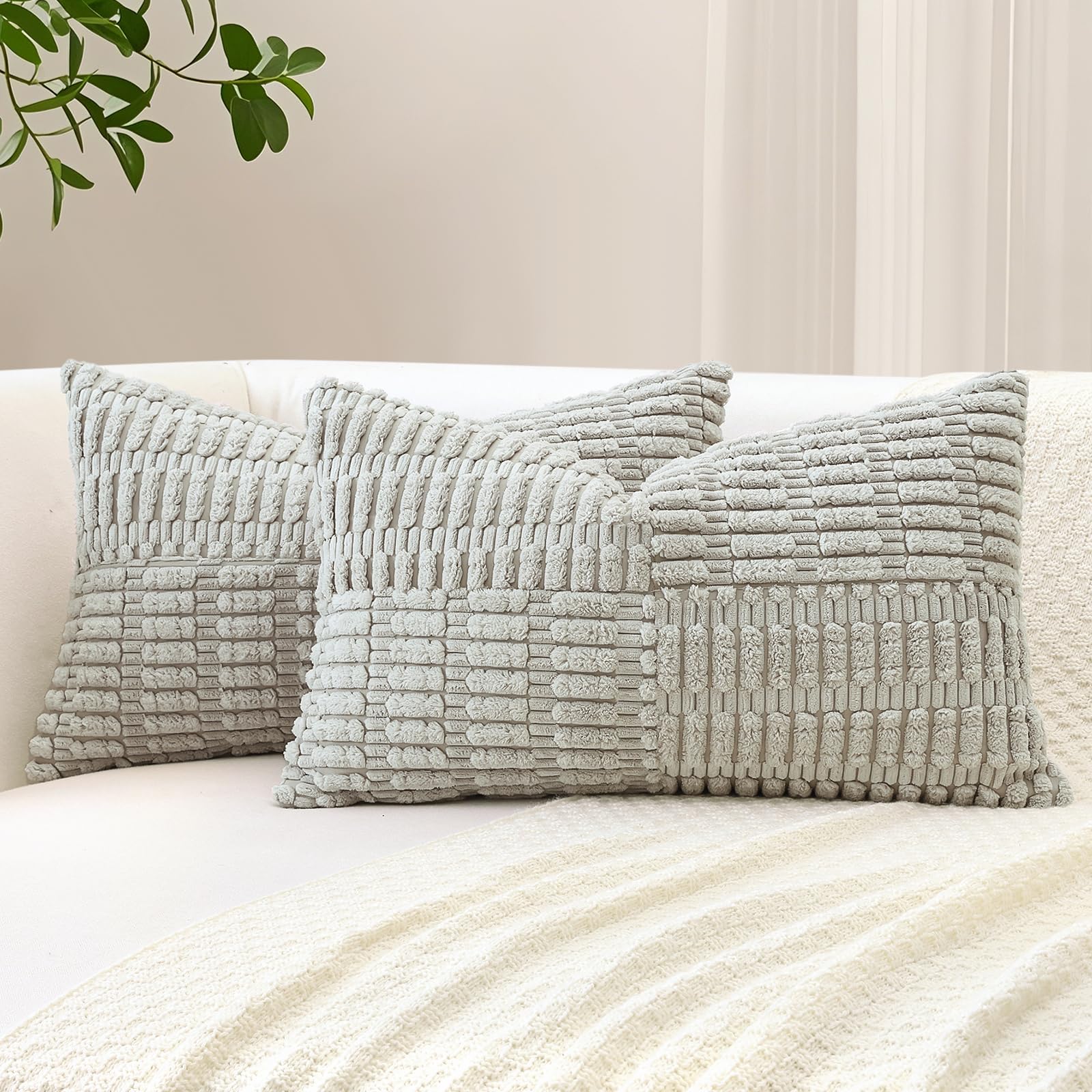 Sungeek Set of 2 Decorative Cushion Covers 30 x 50cm Soft Corduroy Striped Cross Patchwork Textured Pillow Cases Boho Farmhouse Lumbar Throw Pillow Covers for Sofa Bed Patio 12x20 Inch, Light Grey — image 1