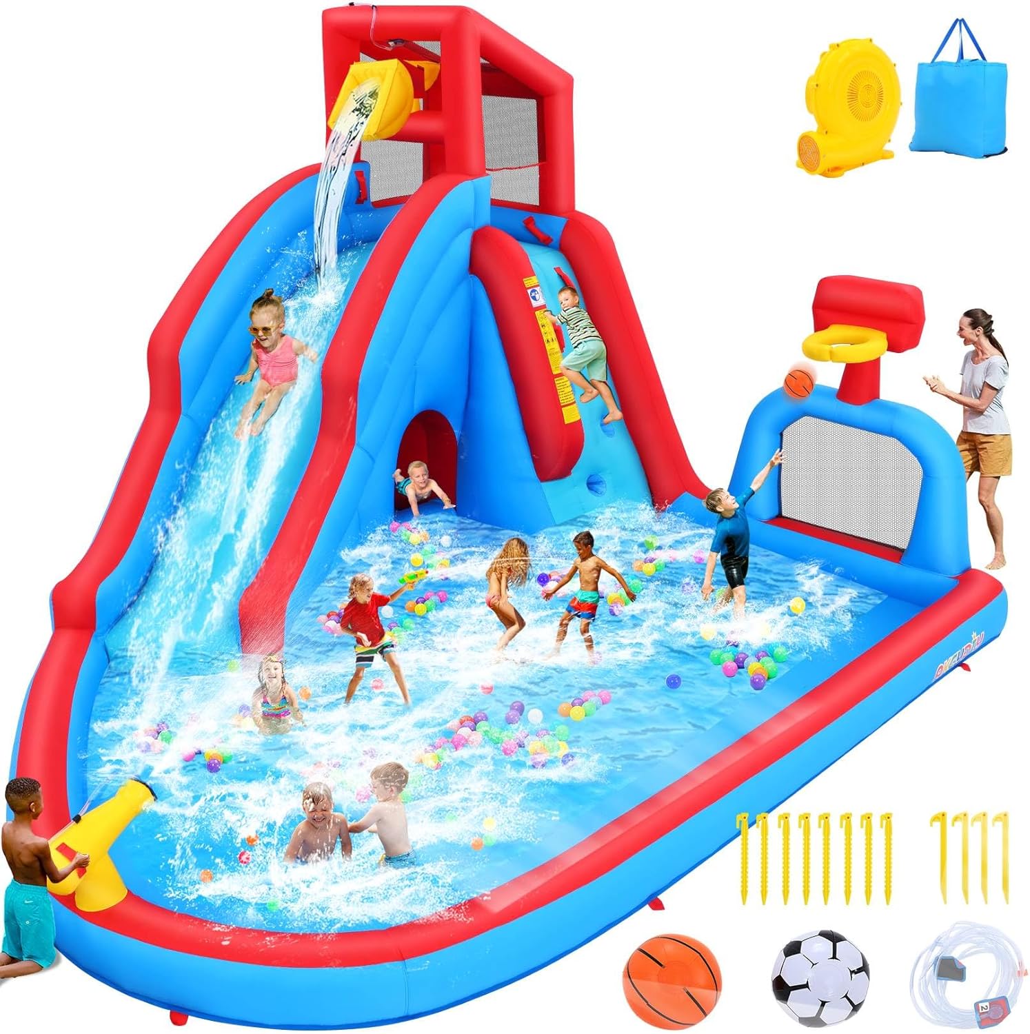 AKEYDIY Bounce House Water Slide for Kids 3-12 - Outdoor/Indoor Inflatable Water Slide with Slides Backyard, Dump Bucket, Climbing Wall, Splash Pool & - Crocodile Cove Water Slide Includes Blower