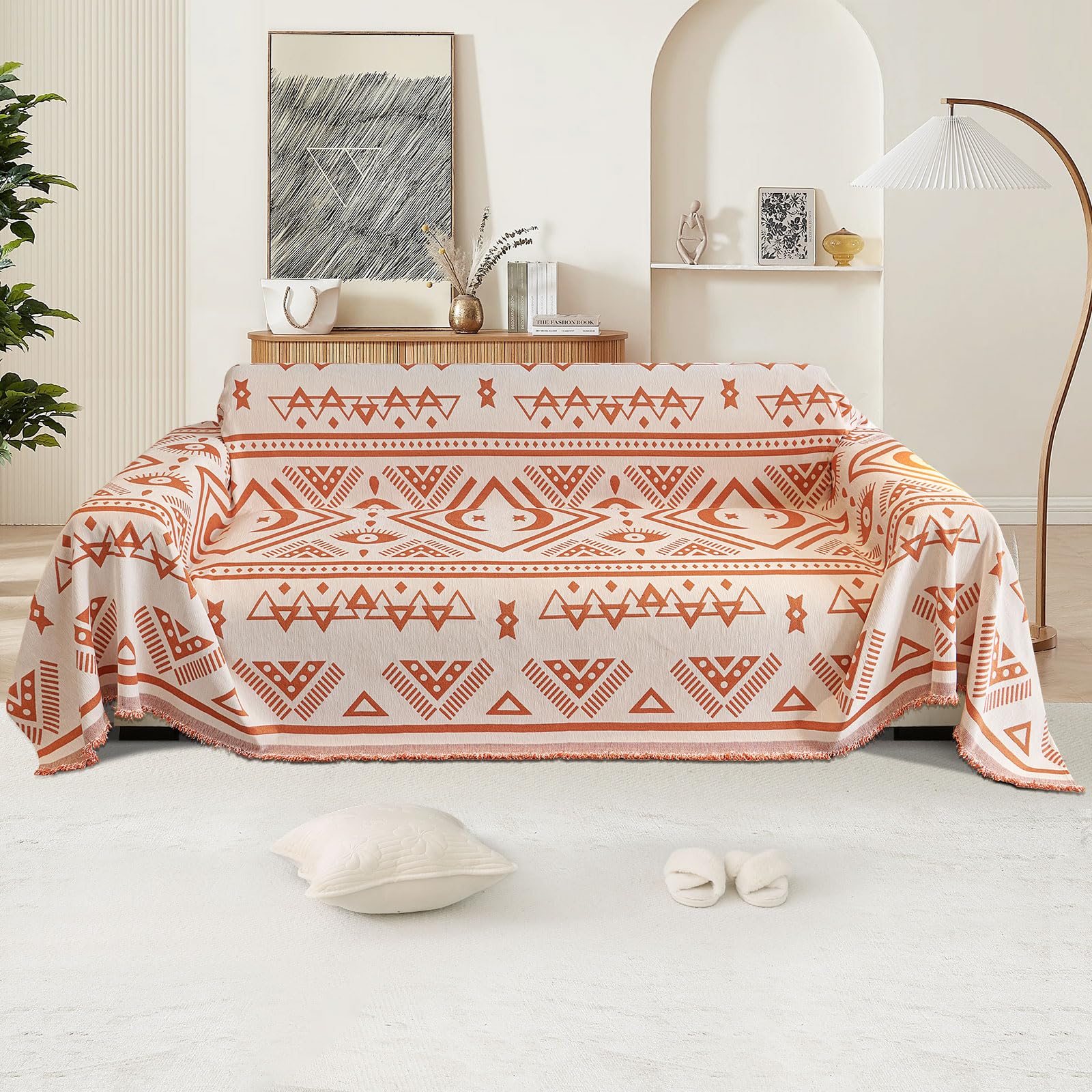 OKYUK Boho Chenille Sofa Cover 2/3/4 Seater & Corner Sofa - Washable, Tassel Design, Pet-Friendly, Breathable, All-Season Multi-use Living Room Furniture Protector(Star Orange, Large (180 * 260cm)