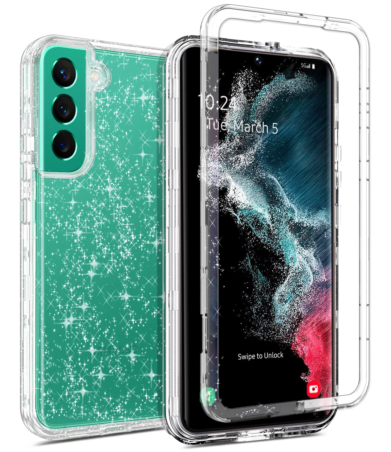 Coolwee Crystal Glitter Full Protective Case for Galaxy S22 Plus - Heavy Duty Hybrid, Shockproof, Transparent, Bling Sparkle