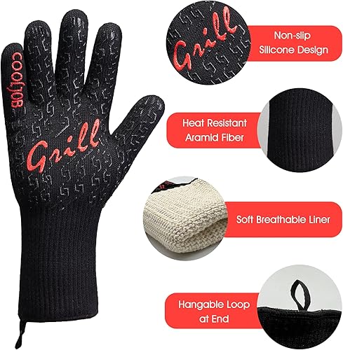 COOLJOB Guantes de barbacoa resistentes al calor y paquete de 6 esponjas de acero inoxidable para cocinar con temperatura, asar a la parrilla o