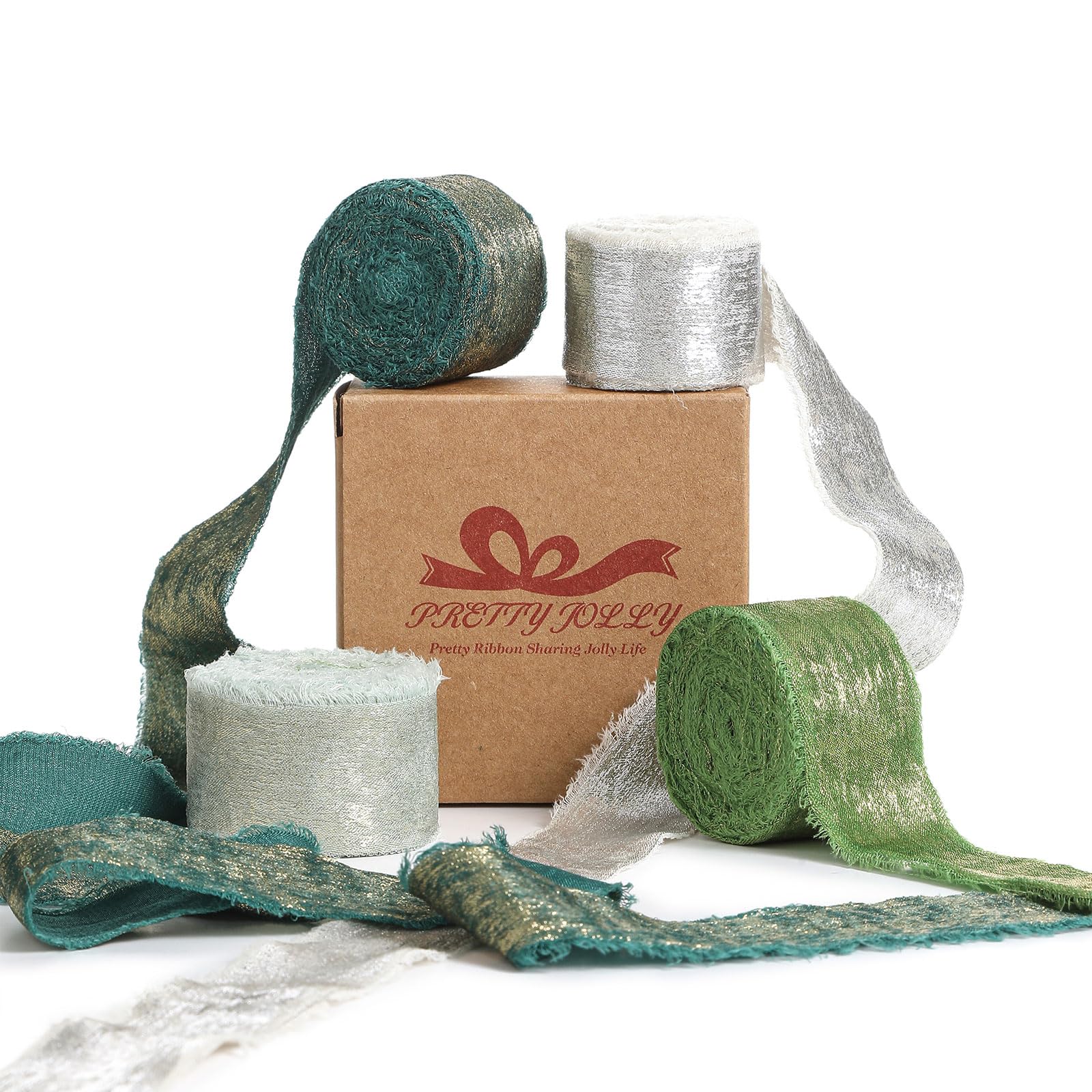 Pretty Jolly Green Chiffon Ribbon for Gift Wrapping Handmade Frayed Silk Ribbon for Flower Bouquet Shimmery Gold Fringe Ribbon 1 Inch x 5 Yard 4 Rolls for Hair,Wedding Invitations,DIY Crafts