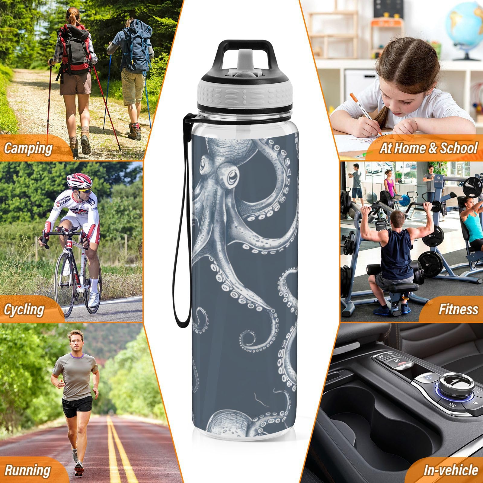ALAZA Octopusfish Sport-Trinkflasche mit Strohhalm-Deckel, 900 ml, transparent, BPA-frei, Tritan-Kunststoff, auslaufsicher, großer Klappverschluss für Kinder, Jungen, Mädchen