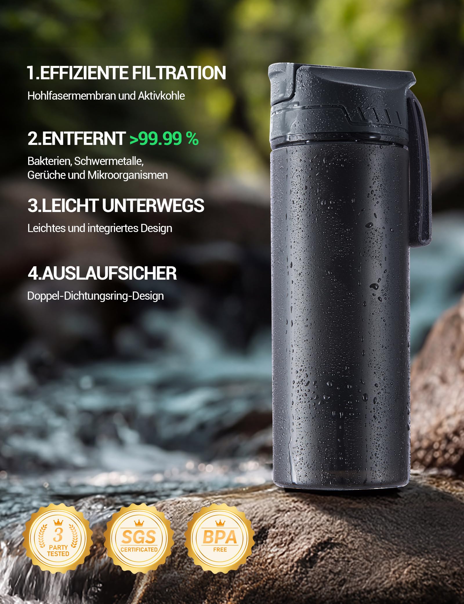Profi Wasserfilter Outdoor Flasche 650ML, Entfernt 99,99% Aller Bakterien und Partikel Schwermetalle, 1500L Filterkapazität, Survival Prepper Wandern Outdoor Camping Ausrüstung (Schwarz 650ML)
