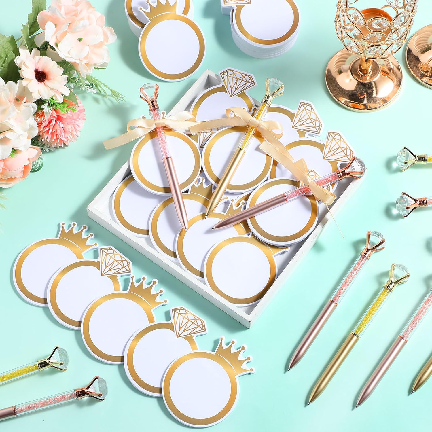 MotiMind 36 Pack Wedding Bridal Shower Party Favors Sets Diamond Ring Sticky Notes Set with Crystal Pens Self-Stick Ring Shaped Notepad Diamond Memo Pad for Guests Gift Home Decor Supplies