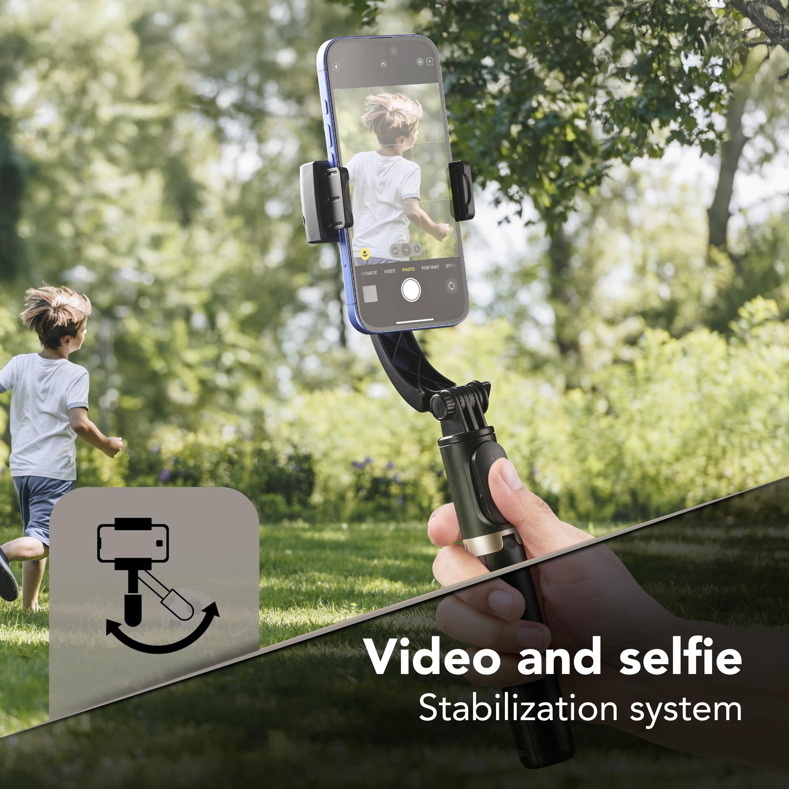 Cellularline FREEMOTION Gimbal 3 w 1 z inteligentnym stabilizatorem zapobiegającym wstrząsom, kijkiem do selfie, statywem, pilotem zdalnego sterowania Bluetooth, aluminium, format pionowy i poziomy