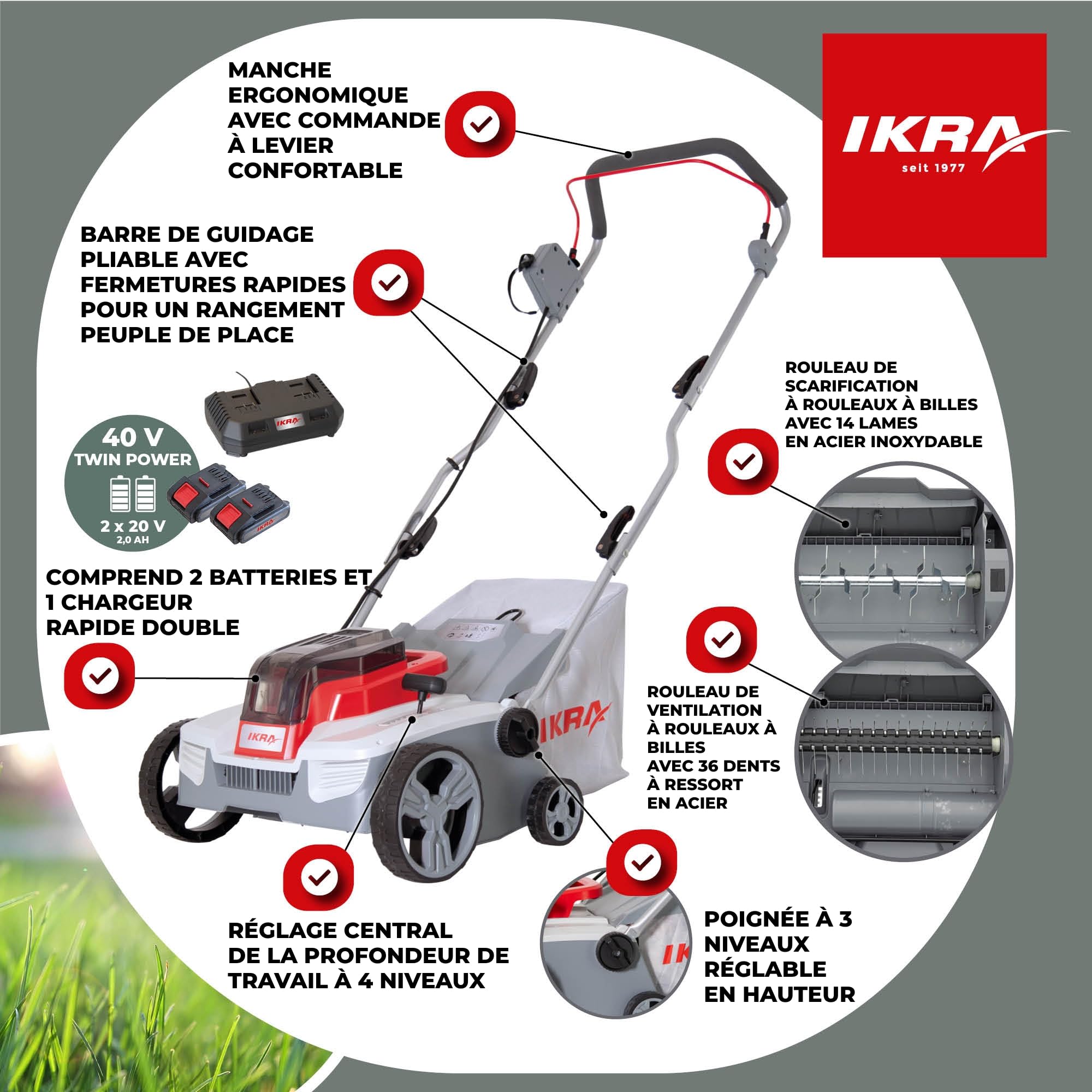 IKRA scarificateur-aérateur sans fil 3-en-1 IAVL 2-2032, largeur 32 cm