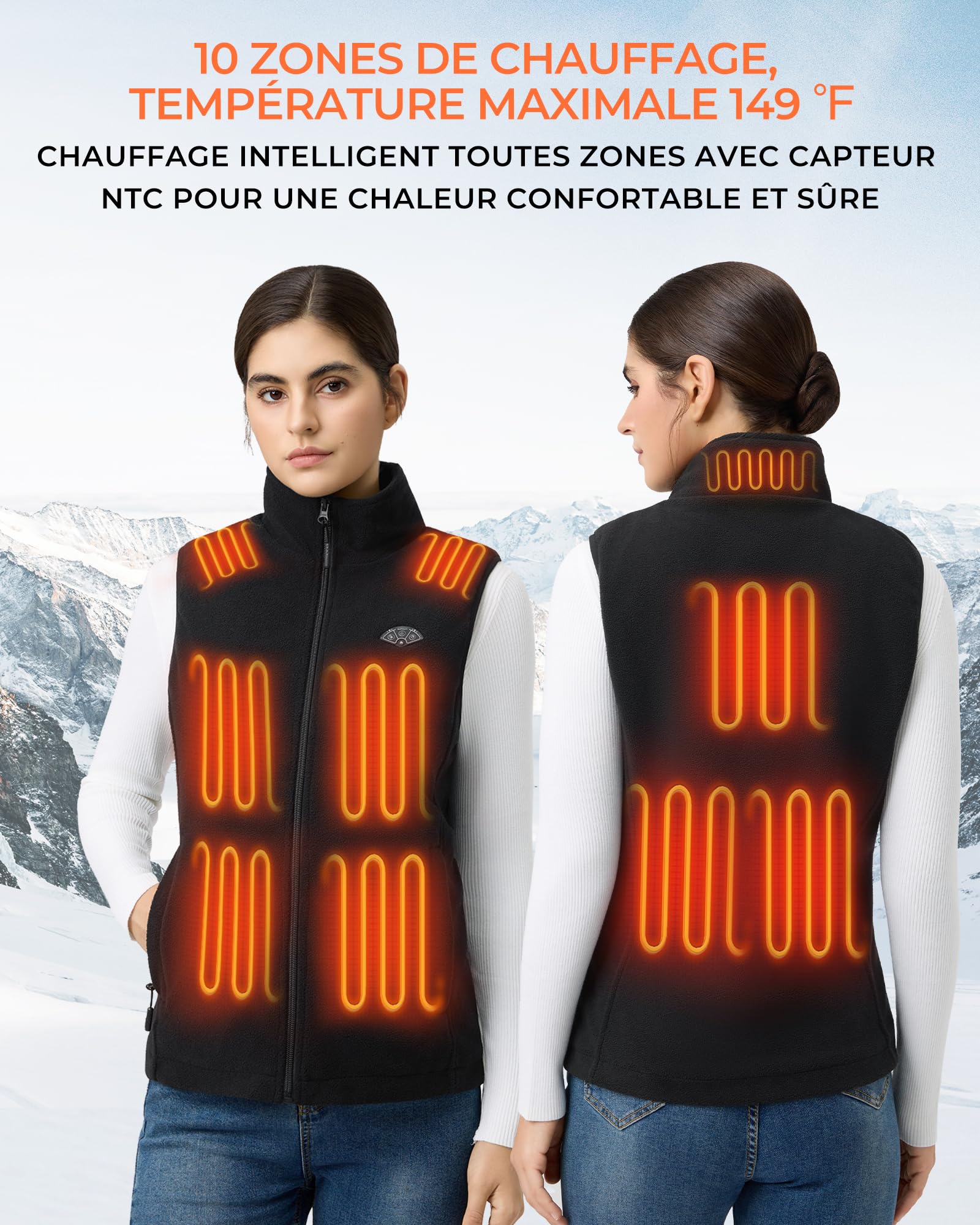 Topdot Polaire Gilet Chauffant Femme 7,4V 16000 mAh 10 Zones 3 Températures Réglables Veste Chauffante Travail Extérieur Ski