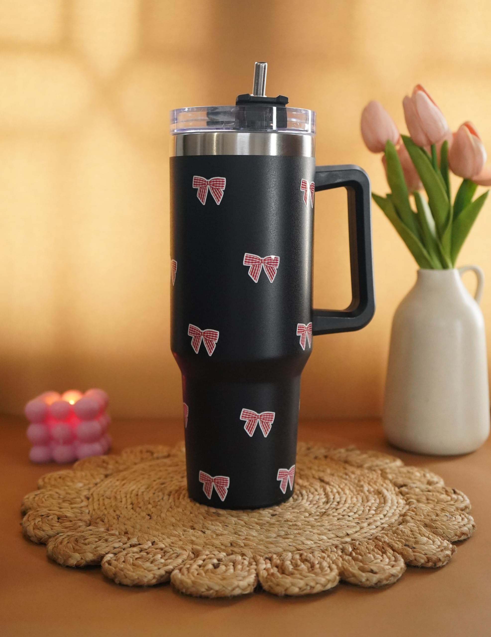 Najarat 1200ML Stainless Steel Tumbler Hot and Cold with Handle and Lid and 2 Straws, Double Insulated Cup Leak Proof Mug Cupholder for Gym, Travelling (redbowsss)