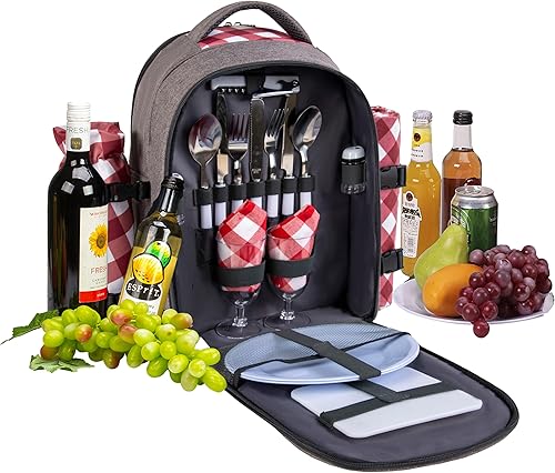 Miniatura 85 de apollo walker Mochila de picnic para 2 personas con compartimento refrigerador, soporte desmontable para botellas/vino, manta de vellón, platos