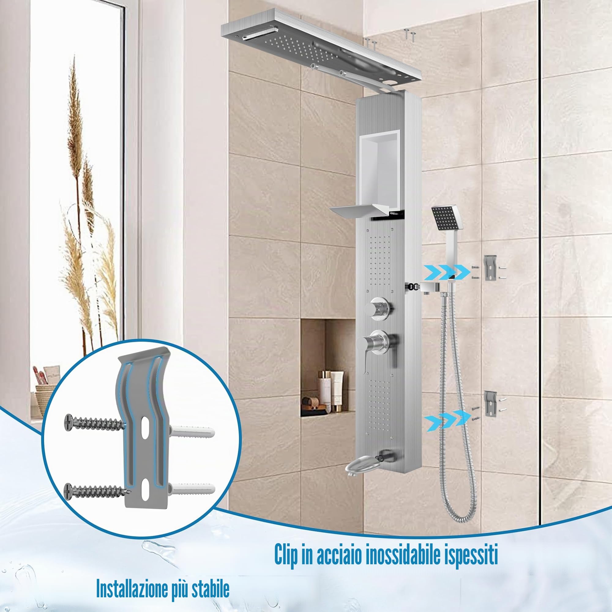 NAIZY Pannello doccia con rubinetto, sistema 5 in 1 con ripiano integrato, set multifunzione con doccetta per massaggio, cascata e pioggia, rubinetto in acciaio inox 304