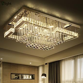 Crystal LED Chandelier Ceiling Light - Smart Remote Control - Square Glass Droplet Ceiling Light for Dining Room Living Room Bedroom Office (Chrome, 60cm) [Energy Class A]