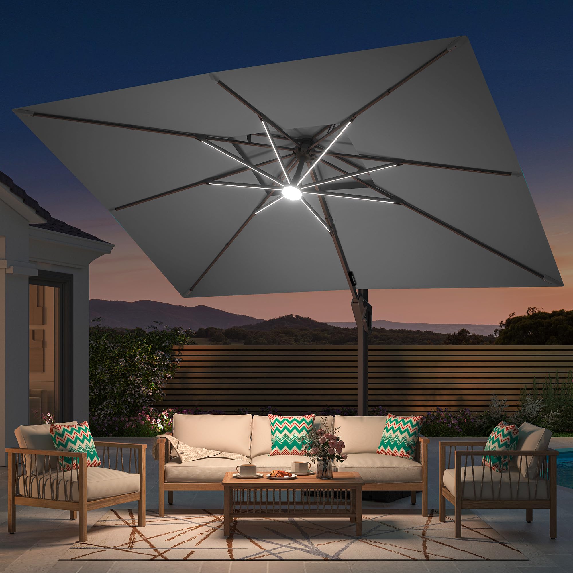 10x10 square cantilevered patio umbrella 10ft Square Patio Automatic Hydraulic Cantilever Umbrella with Air Vent, 10x10FT / Without Weights / Beige