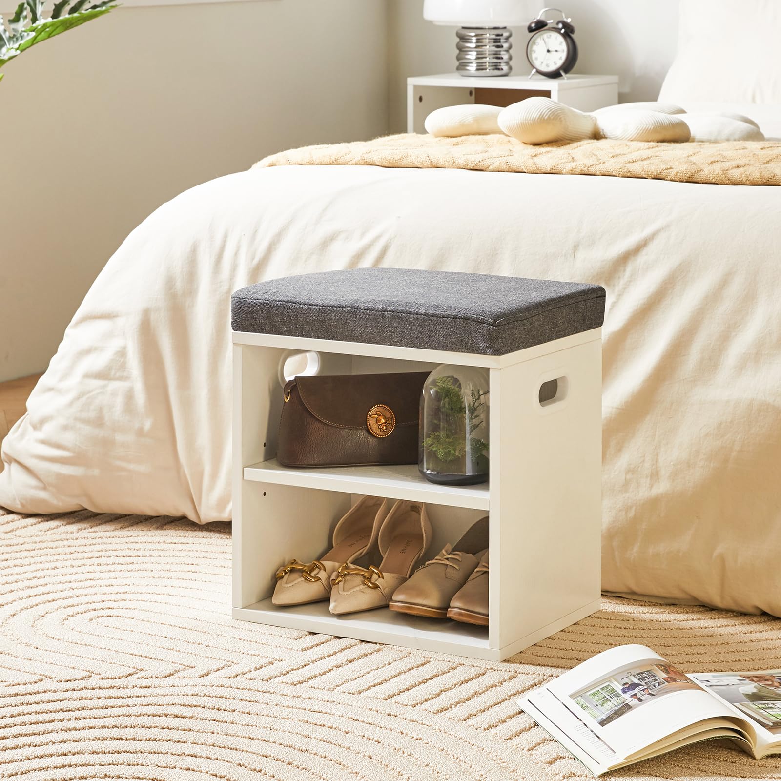 YMYNY Petit Banc Chaussures Entrée avec Coussin, Blanc HBD028W | 2 Tiers Banc Rangement Chaussures, pour l'entrée, Le Salon, Le Couloir, la Chambre à Coucher, 42 x 39 x 28 cm
