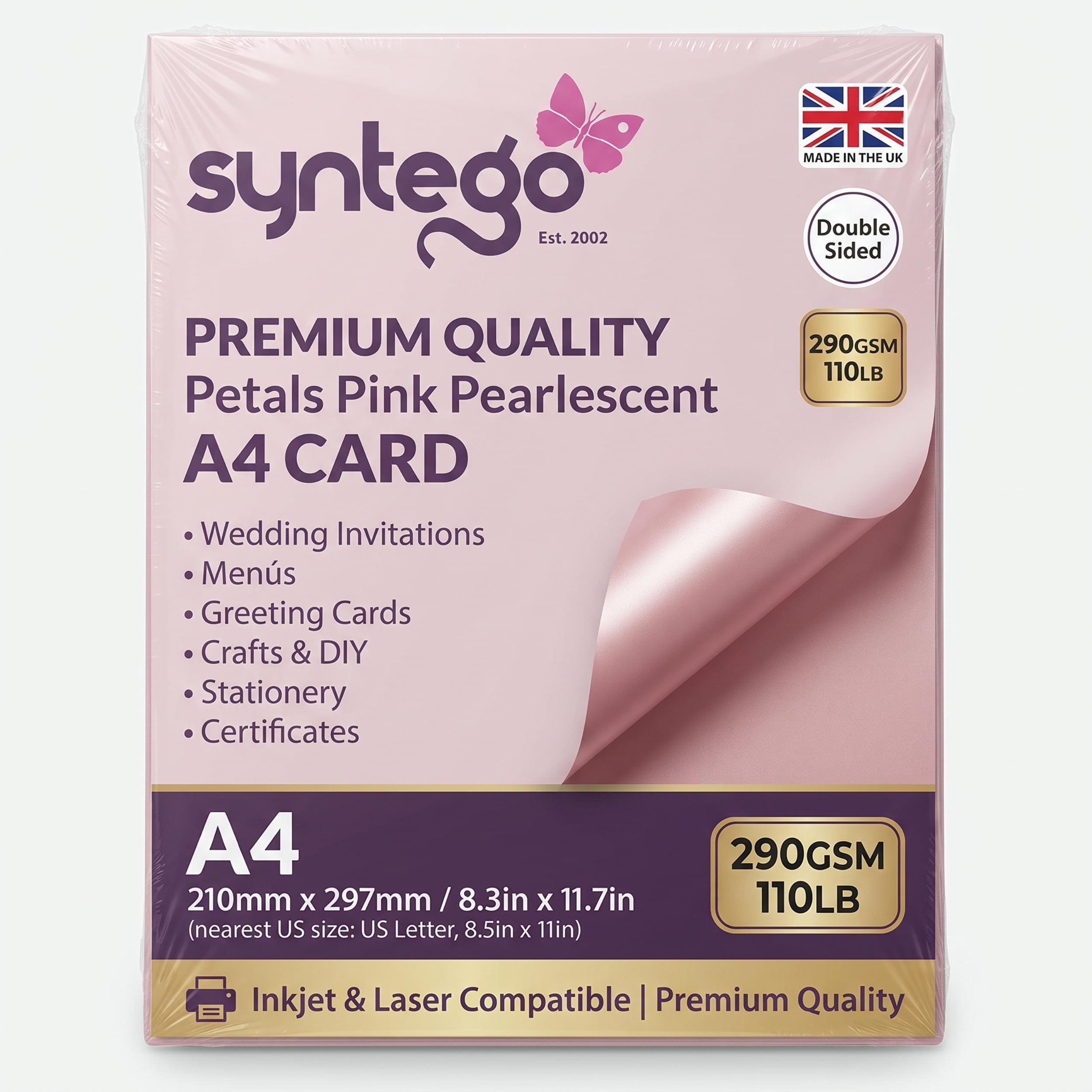 Syntego Petals Pink Pearlescent Shimmer Tarjeta decorativa A4 de doble cara, 290 g/m² (50)