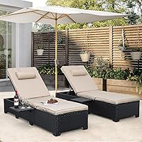 WAROOM Set of 2 Outdoor Wicker Chaise Lounge Chairs, Adjustable Recliner Black Rattan Patio Loungers with Khaki Cushions & Foldable Side Table