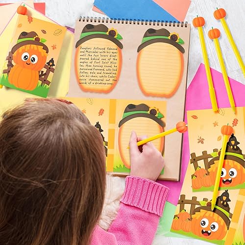 Miniatura 5 de Juego de notas adhesivas de calabaza de espantapájaros de otoño con bolígrafo de calabaza, lindas notas adhesivas con líneas, notas autoadhesivas de